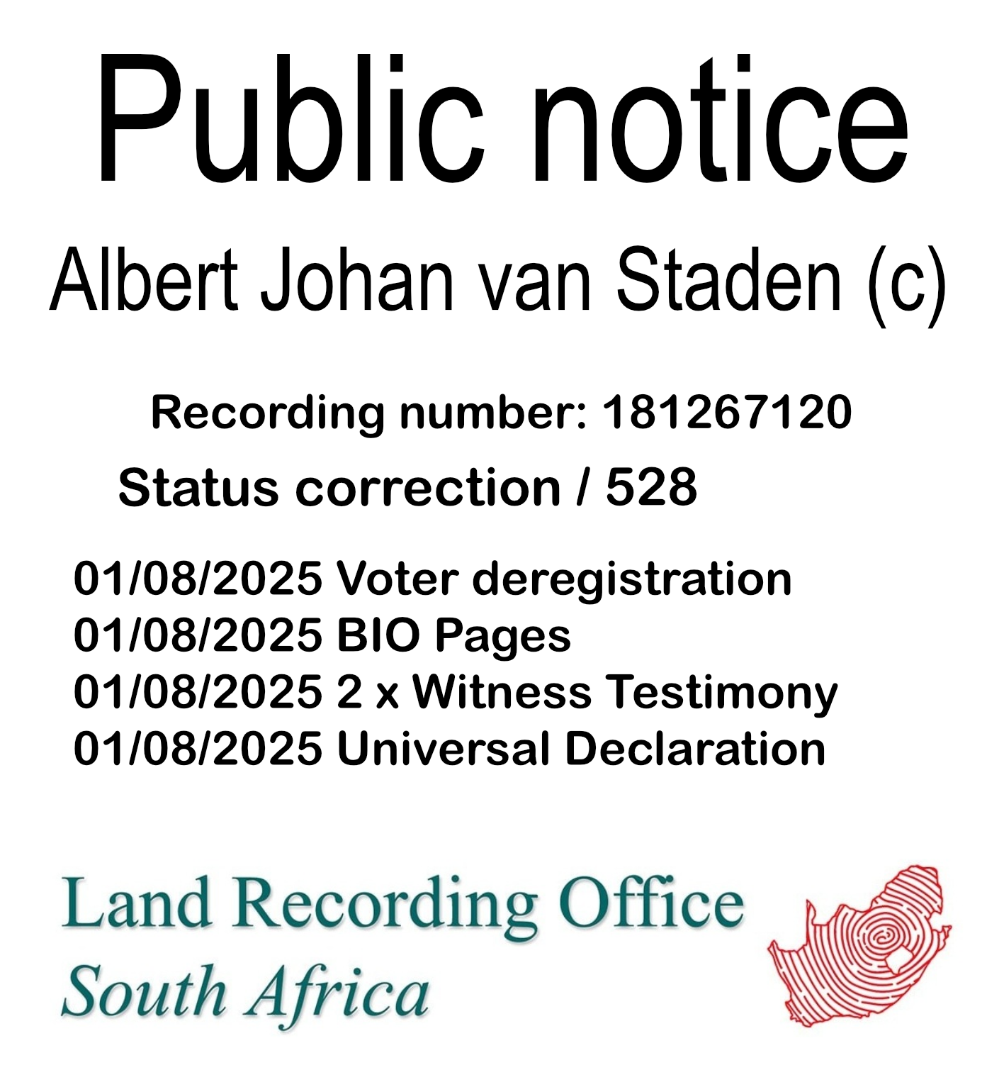 Public notice Albert Johan van Staden Recording number 181267120